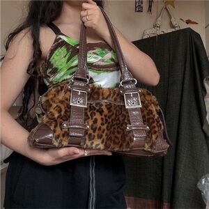 Kathy Van Zeeland Leopard Print Faux Fur and Brown Leather Handbag